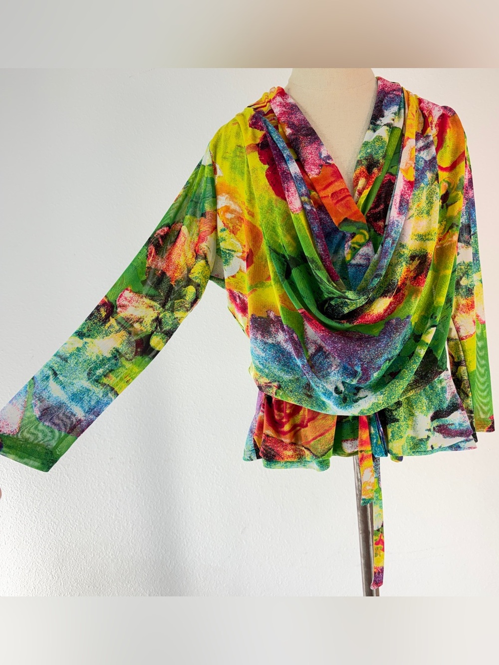 Tulip Rainbow Mesh Artsy Abstract Floral Cowl Neck Top Draped Tie Waist Petite M